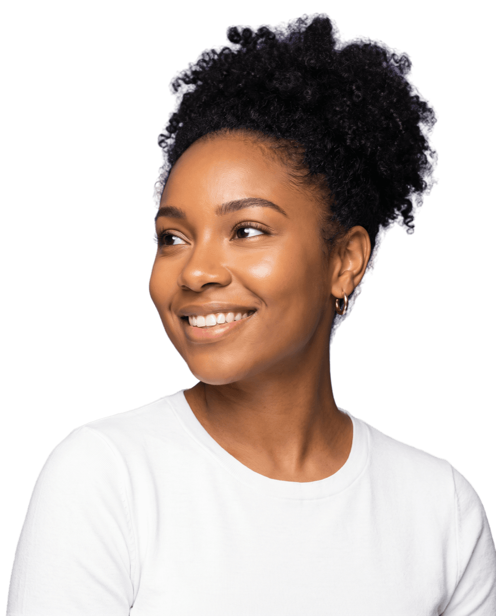A smiling Caribbean creator with natural curly hair and gold hoop earrings
